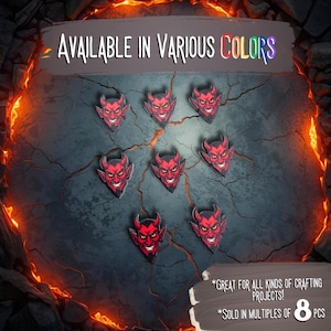 May include: Eight red devil face patches with black horns and a sinister grin are arranged on a cracked gray surface. The text "AVAILABLE IN VARIOUS COLORS" is at the top. The patches are sold in multiples of 8.