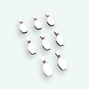 May include: Nine white bowling pins with red stripes arranged in a staggered pattern on a light blue background.