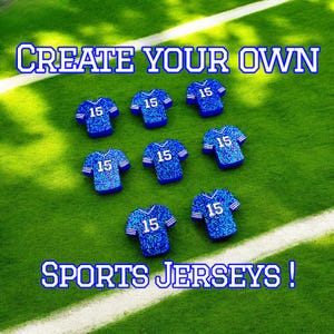May include: Create your own sports jerseys! Seven blue and white glitter sports jerseys with the number 15 on each jersey are displayed on a green artificial grass surface.