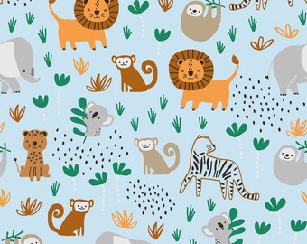 Fabric Cotton 100% Baby Blue Africa Animals Lion Elephant Sloth Monkey