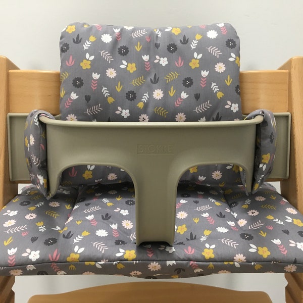Ensemble de coussins de siège pour chaise haute compatible avec Tripp Trapp de Stokke - fleurs gris