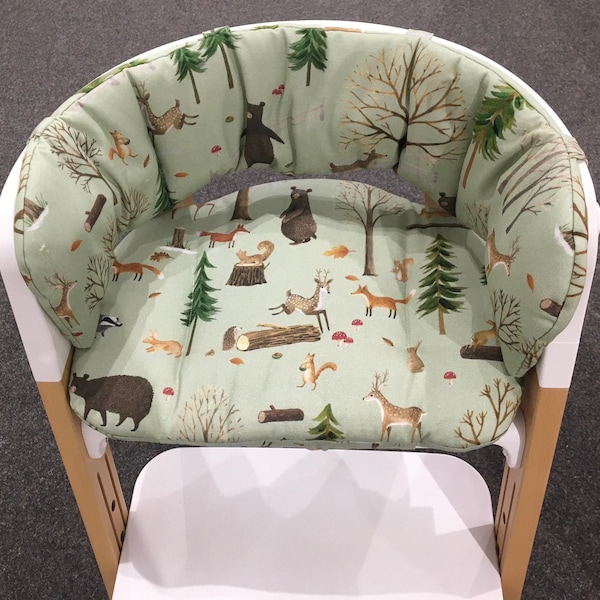 Coussin de chaise haute, ensemble de coussins de siège compatible avec Stokke Steps de Stokke - animaux de la forêt ou dans le design de votre choix également enduit, lavable