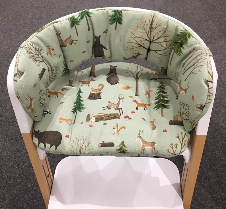 High chair cushion seat cushion set compatible with Stokke Steps by Stokke forest animals or in the desired design also coated washable Waldtiere Mint