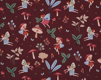 Fabric cotton FAIRYTALE - BORDEAUX fairies & mushrooms