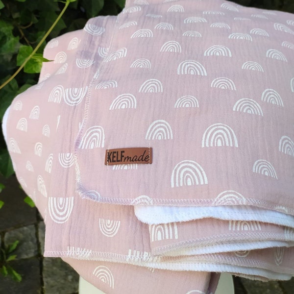 Musselin Decke Kuscheldecke Überwurf Wendedecke Regenbogen rosa weiß