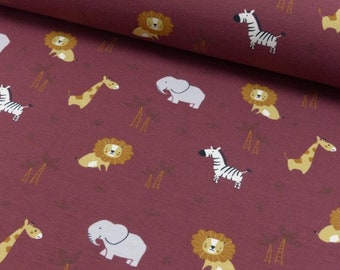 Jersey Baumwolljersey Bordeaux Löwe Elefant Tiere Rot Safari Tiere Stoff Fabrics