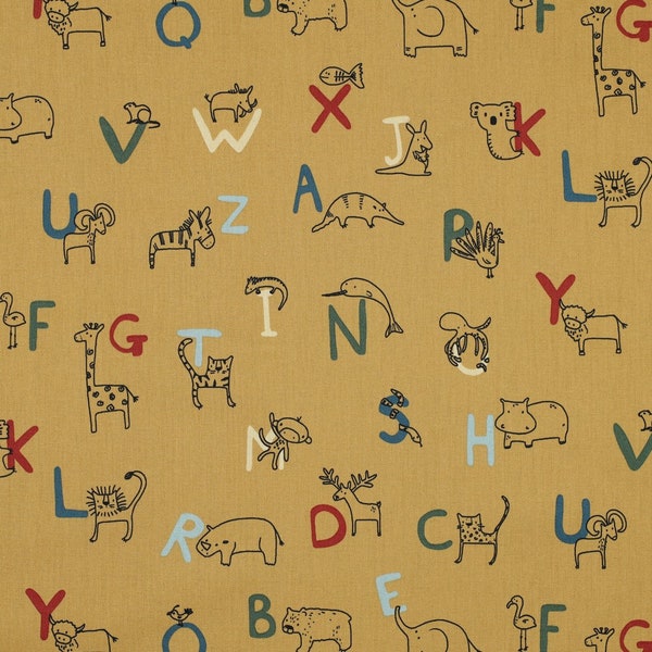 Stoff Baumwollstoff Webware Fabric 100% Baumwolle ABC Alphabet Animals Tiere Ocker