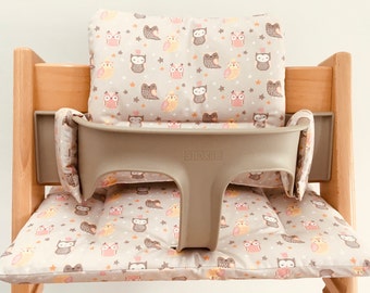 Hochstuhl Kissen Sitzkissen kompatibel mit Tripp Trapp von Stokke - Eulen beige/rosa beschichtet