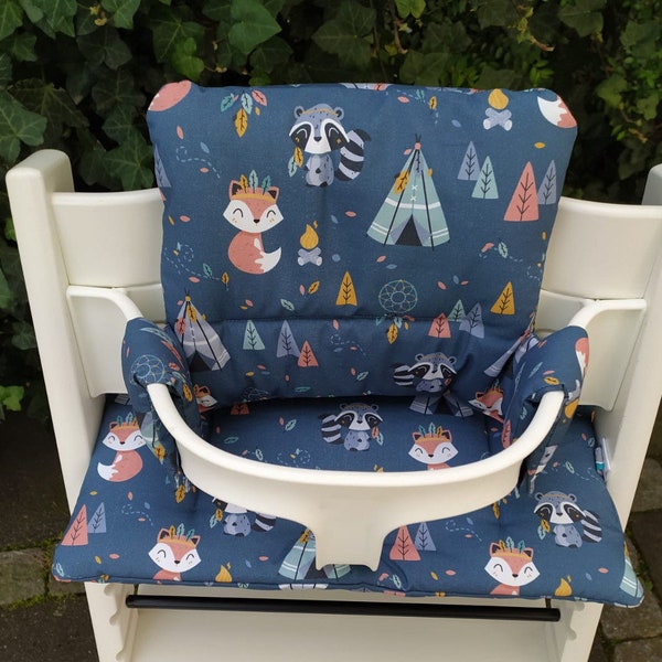 Coussin de chaise haute, ensemble de coussins de siège compatible avec Tripp Trapp de Stokke - animaux de la forêt bleu indien