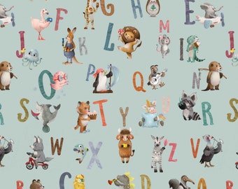 Stoff Baumwollstoff Webware Fabric 100% Baumwolle ABC Alphabet Animals Tiere Hellblau