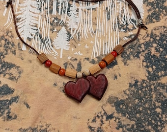 Hand Carved Purpleheart Double Heart Pendant Necklace: Wooden Beads