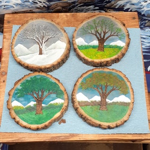 Woodburned Four Seasons Coaster Set: Watercolor & Acrylic Painted