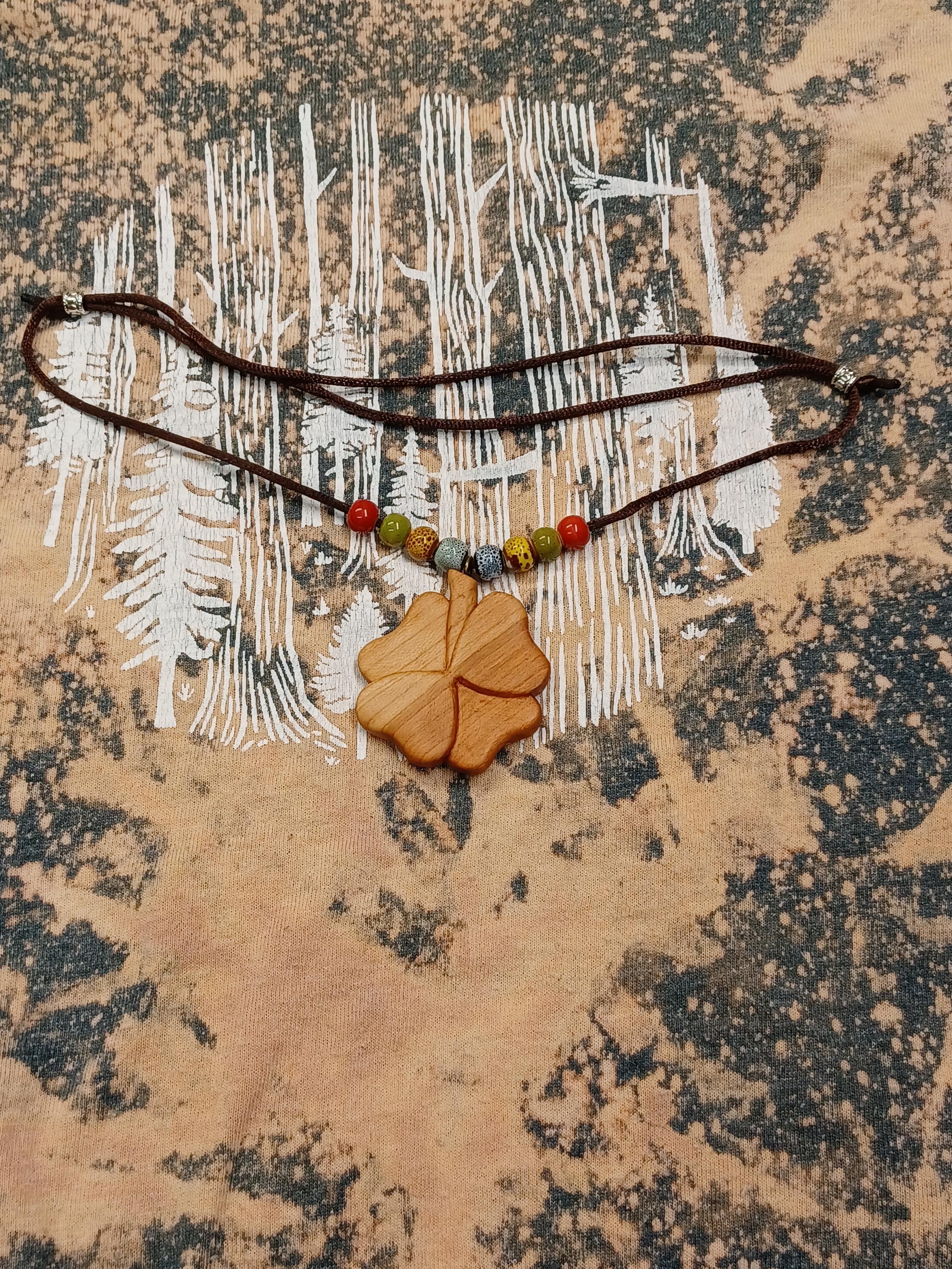 Hand Carved Cherry Wood Clover Necklace: Adjustable Silk Cord, Ceramic Beads