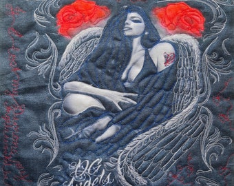 If I lost my demons, my angels would be gone." altar cloth/denim jacket motif/ table centre/ tarot cloth/ wallhanging/ textile art