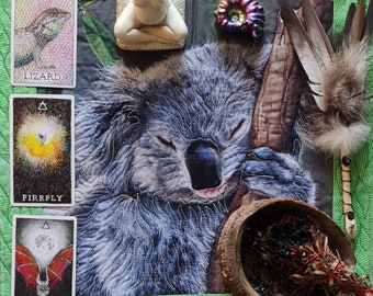 Spirit Animal Australian Koala altar cloth/ textile art/ wallhanging/ table centre/ denim jacket motif/priestess or shaman cloth/tarot cloth