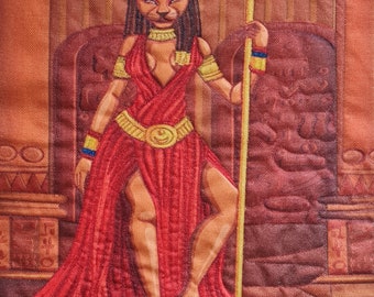 Bast/Bastet Egyptian goddess altar cloth/denim jacket motif/ table centre/ tarot cloth/ wallhanging/ textile art