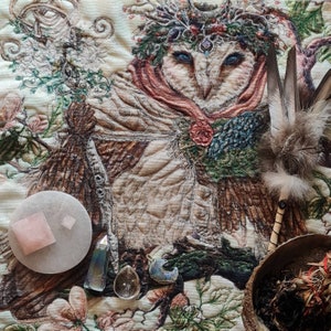 Moon Goddess/ Wedding Witch/ Spirit Animal/ Familiar/ Owl altar cloth/ wallhanging/ decor/ table centre/ gift/ textile art/ sacred object image 5