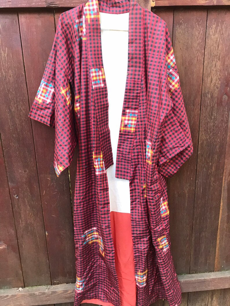 antique silk red checkered kimono
