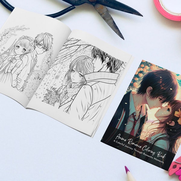 Anime Romance Coloring Book PDF: Romantic Couple Cute Kawaii Girl and Boy Printable INSTANT DOWNLOAD