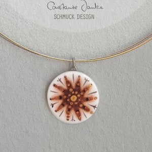 MANDALA 2 necklace bicolor with porcelain pendant /hand painted / underglaze / brown white gold / unique porcelain jewelry /stainless steel image 1