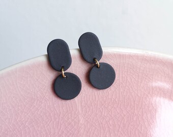 Black Statement Earrings *DOTTY* - Porcelain & Stainless Steel - Gifts for Her