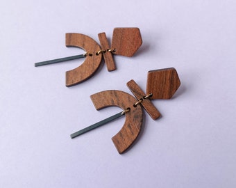 Geometric statement wooden earrings *GEO long* - walnut - gifts for her