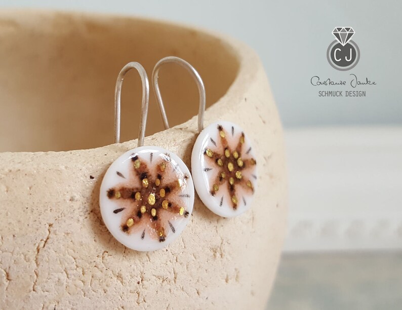 Porcelain earrings MANDALA 2 handpainted, brown orange-white-gold, 925 silver / unique / porcelain-jewelry / UNIKAT / gifts for her image 2