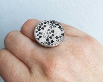 Large 925 silver ring * SMALL FLOWERS* edged ceramic - 100% handmade unique - gifts for her