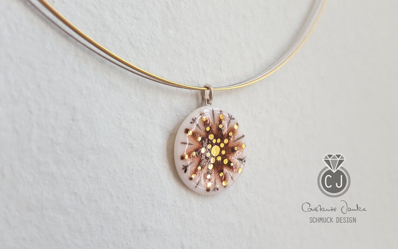 MANDALA 2 necklace bicolor with porcelain pendant /hand painted / underglaze / brown white gold / unique porcelain jewelry /stainless steel image 4