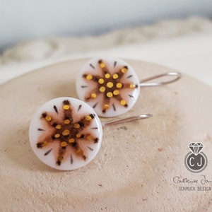 Porcelain earrings MANDALA 2 handpainted, brown orange-white-gold, 925 silver / unique / porcelain-jewelry / UNIKAT / gifts for her image 1