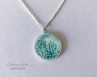 FLORA vert turquoise - Chaîne en argent 925 avec pendentif en céramique encadrée - 100% fait à la main - unique - cadeaux pour vous