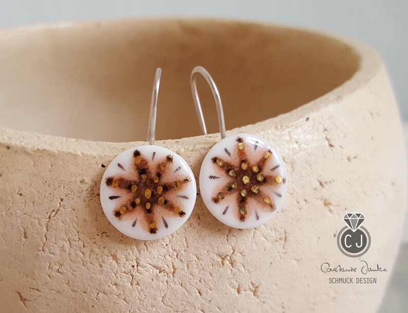 Boucles doreilles en porcelaine MANDALA 2 peintes à la main, marron orange-blanc-or, argent 925 / unique / bijoux en porcelaine / UNIQUE / cadeaux pour vous image 3