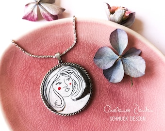 MADAME - Collier en argent 925 avec pendentif fait main - inlay en porcelaine - unique - cadeaux pour elle