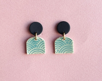 Ceramic statement earrings *WAVES* - black/turquoise - gifts for her