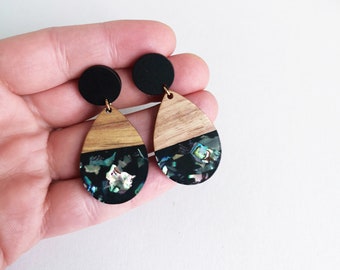 Statement wooden earrings drop *ABALONE* - wood/ synthetic resin - gifts for her