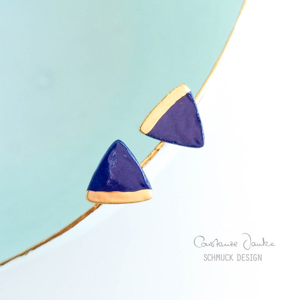 Porzellanohrstecker *Dreieckig* kobaltblau/golden - handgefertigte Ohrstecker - Geschenke für Sie