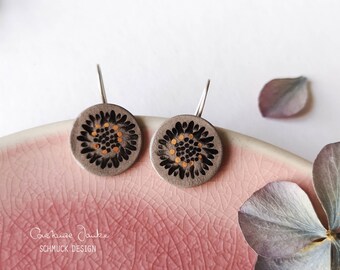 Boucles d’oreilles en céramique 925 argent * fleur or * or noir / argent boucles d’oreilles avec artisanal en céramique/cadeaux / unique