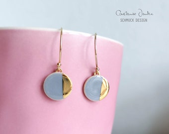 Ceramic earrings * LIGHT GRAY/ GOLDEN * 10mm with gold decoration - Basic earrings - Handmade ceramic jewellery - Gifts for her