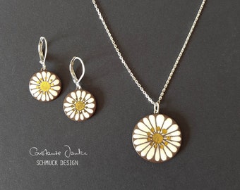 Ceramic Jewelry Set *DAISY* 925 Silver Handmade Ceramic Brown /White with Gold Decor Earrings and Chain - Gifts for Her