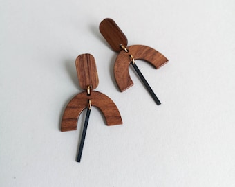 Geometric statement wooden earrings *GEO long* - walnut - gifts for her
