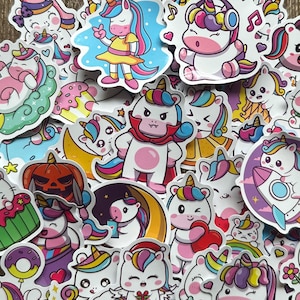 Cartoon Unicorn Sticker Packs - Waterproof, reusable vinyl decals for drink bottles, lap tops, party favours & more