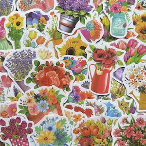 May include: A collection of 30 colourful floral stickers featuring various flowers, plants, and gardening tools. The stickers are perfect for adding a touch of nature to journals, planners, and other craft projects.