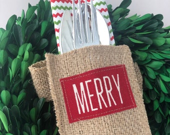 Holiday Merry Silverware Pouch | Flatware Pouch | Silverware Holder | Party Table Setting | Holiday Table Setting S/8