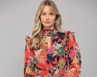 Floral Print High Smocked Neck Mini Dress