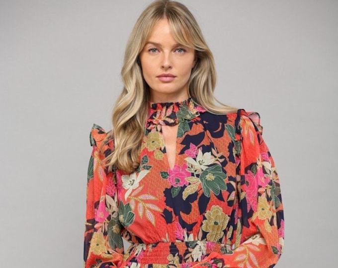 Featured listing image: Floral Print High Smocked Neck Mini Dress