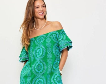 Eyelet Summer Blue Off Shoulder Dress