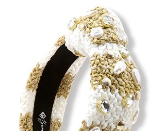 Khaki and White Raffia with Pearls Headband