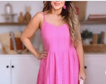 Evelyn Smocked Eyelet Midi Dress Pink