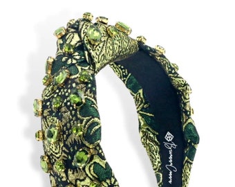 Green and Gold Brocade with Crystals Headband