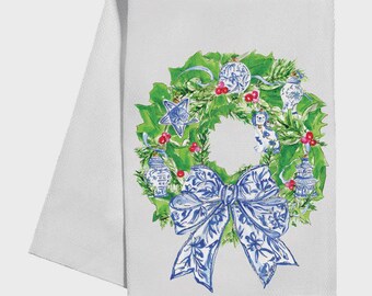 Wreath with Blue Chinoiserie Ornaments Tea Towel